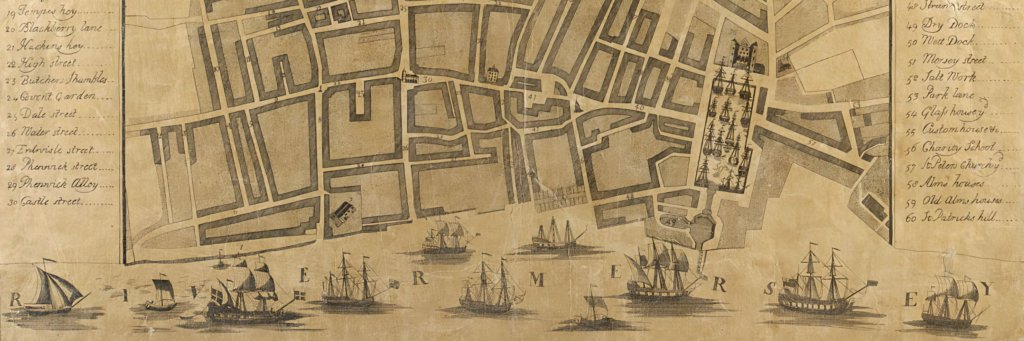 A tan coloured eighteenth century plan of Liverpool showing is growing docks with illustrative ships along the bottom edge.