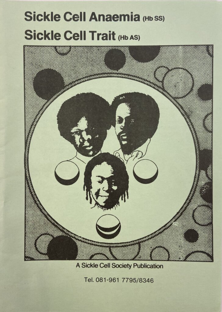 A green leaflet produced by the Sickle Society with an image of the faces of three Black people, encircled by images of white blood cells, red blood cells, and sickled red blood cells.