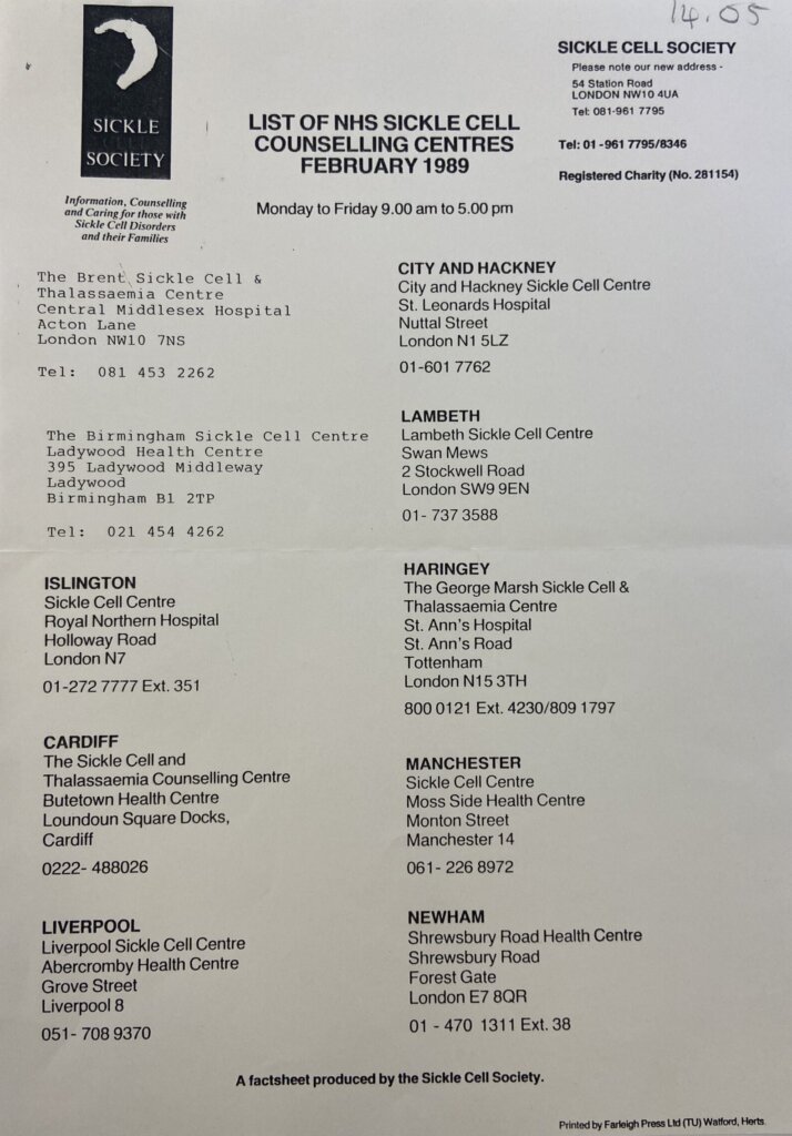 An A4 sheet that lists all the NHS Sickle Cell counselling centres in the UK, produced by the Sickle Cell Society.