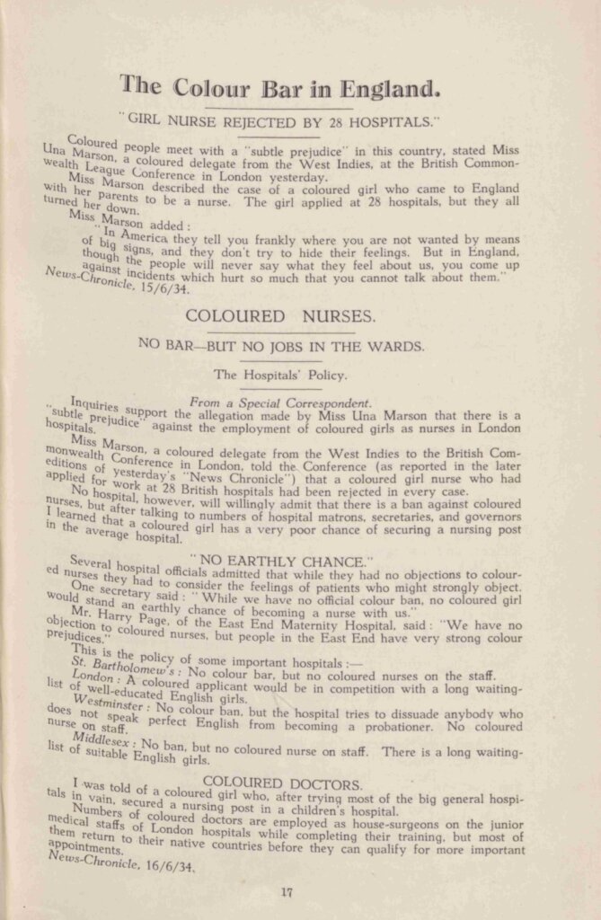 First page of an article from The Keys, entitled 'The Colour Bar in England.' Reports of nurses struggling to find jobs because of racial discrimination.