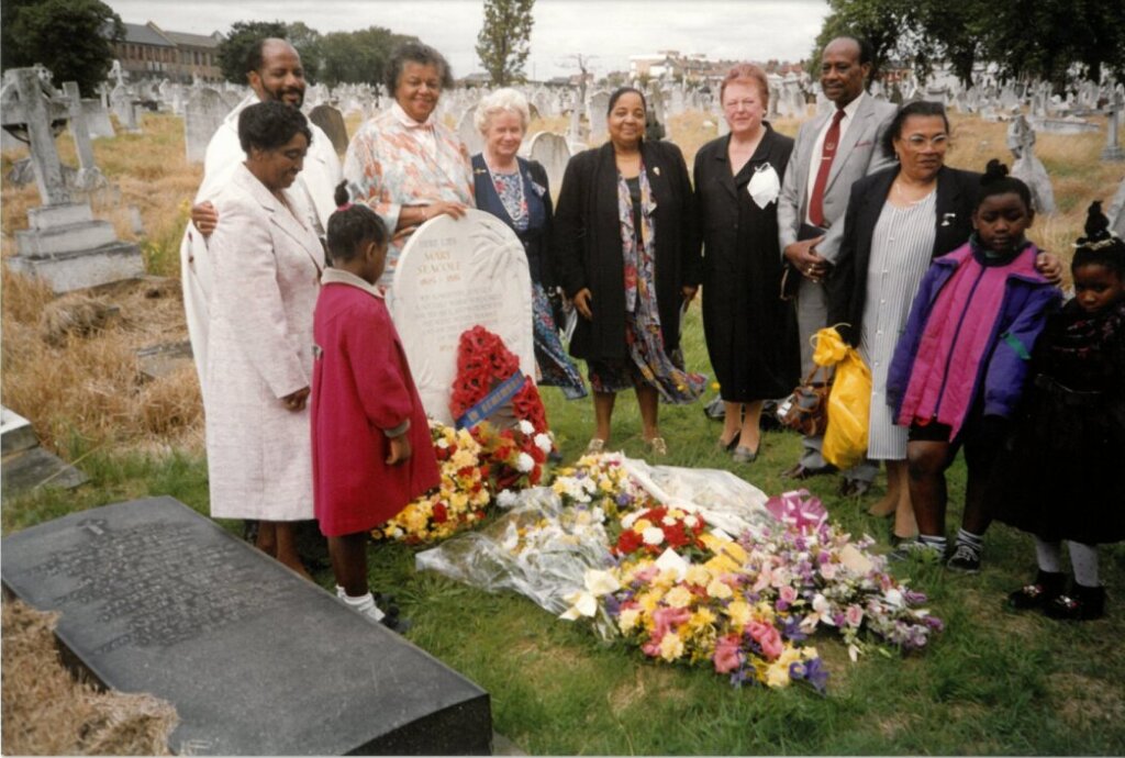Leela Ramdeen and others after her speech at Mary Seacole's graveside, Connie Mark is also pictured.