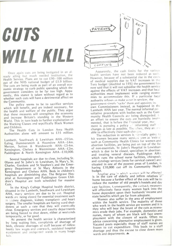Article from Speak Out issue 3 entitled, 'Cuts Will Kill'