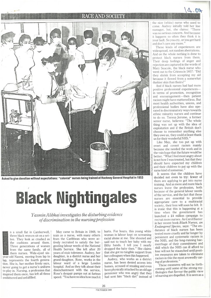 An article entitled 'Black Nightingales' with an image a group of Black nurses in a training session at Hackney General Hospital in 1953.