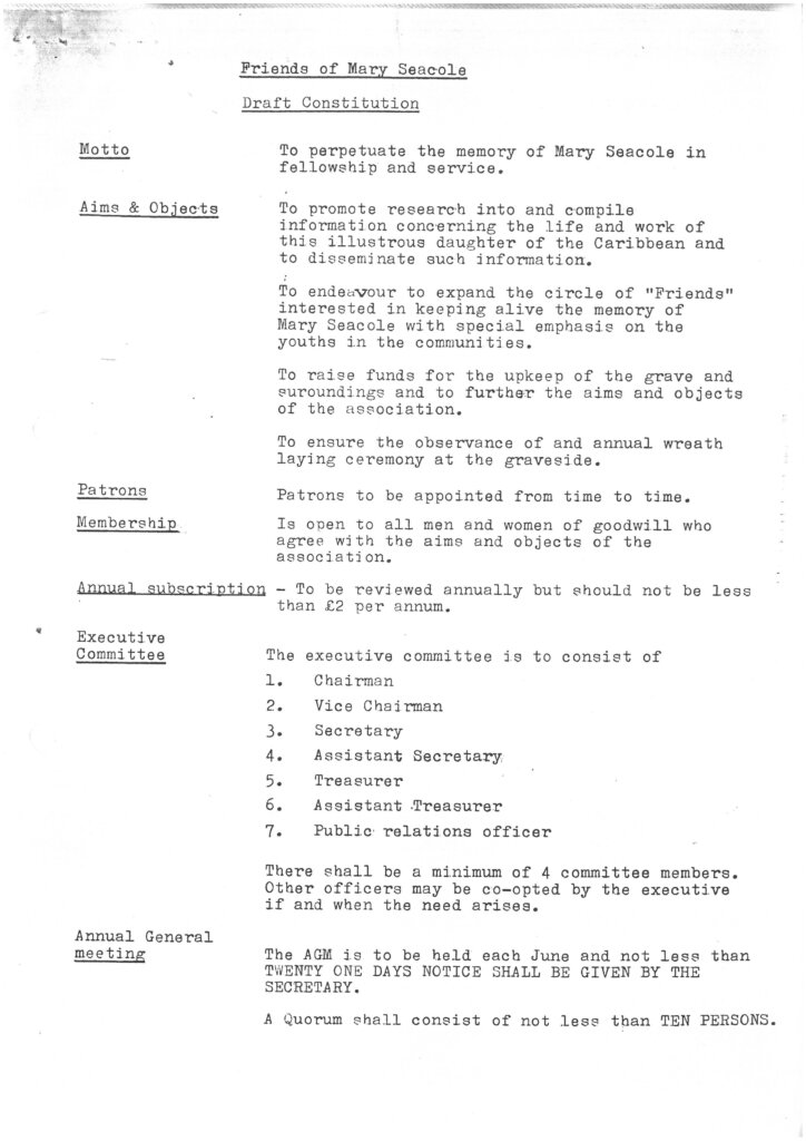 Document of the draft constitution of the Friends of Mary Seacole